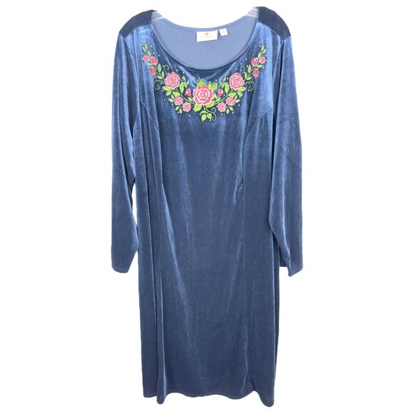 Quacker‎ Factory Plus Size 3X Dress Blue Velvet Embroidered Rhinestone Midi 465 - Picture 1 of 13